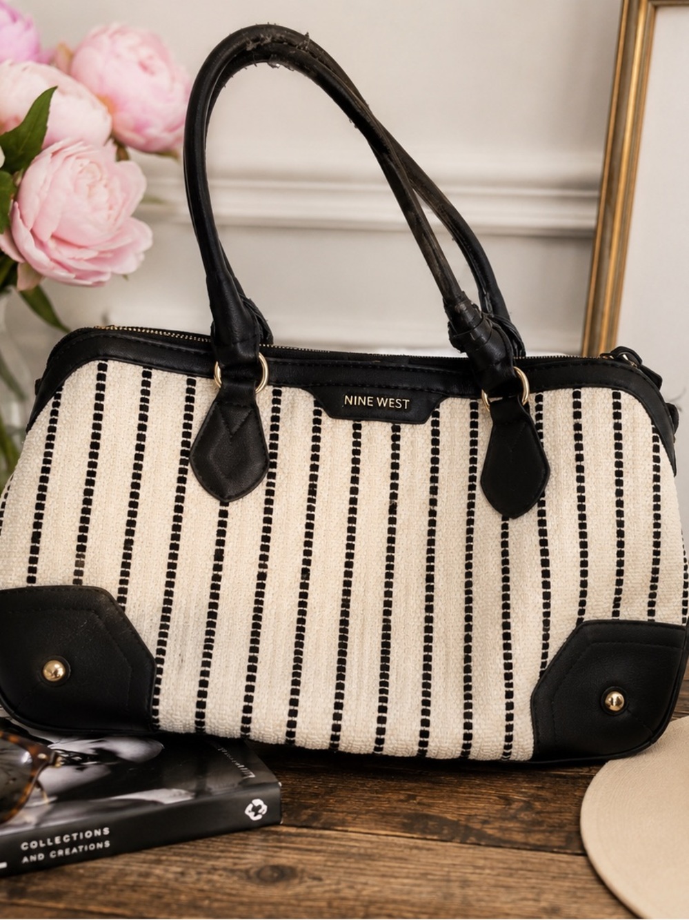 Nine West Striped Canvas & Faux Leather Satchel Shoulder Bag Black Cream